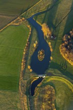 Aerial view, Sönnerbach and Salzbach streams and pond in autumn landscape, Werl, North