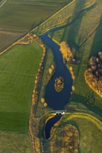 Aerial view, Sönnerbach and Salzbach streams and pond in autumn landscape, Werl, North