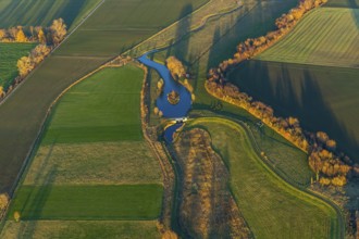 Aerial view, Sönnerbach and Salzbach streams and pond in autumn landscape, Werl, North