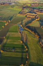 Aerial view, Sönnerbach and Salzbach streams and pond in autumn landscape, Werl, North