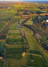 Aerial view, Sönnerbach and Salzbach streams and pond in autumn landscape, Werl, North