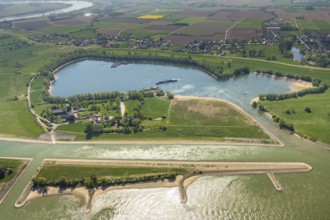 Aerial view, river Rhine, sports harbour Obermörmter, Reeser Schanz landscape conservation area,