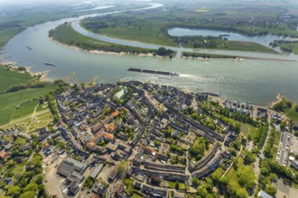 Aerial view, city centre view, catholic church St. Mariä Himmelfahrt, river Rhine, sports harbour