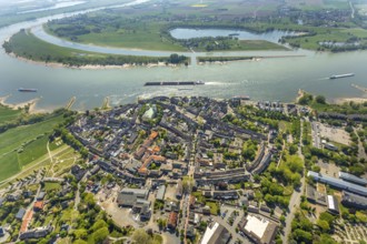 Aerial view, city centre view, catholic church St. Mariä Himmelfahrt, river Rhine, sports harbour