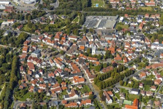 Aerial view, town view, centre, catholic church St. Johannes Enthauptung, Salzkotten, OWL,