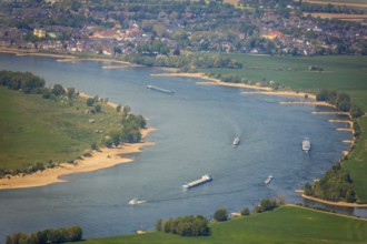 Aerial view, river Rhine, Rheinaue, Reeser Schanz landscape conservation area, shipping, cargo
