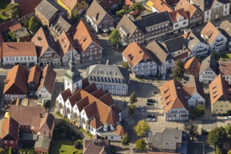 Aerial view, old town centre, Rietberg town hall, catholic parish church St. Johannes Baptist,