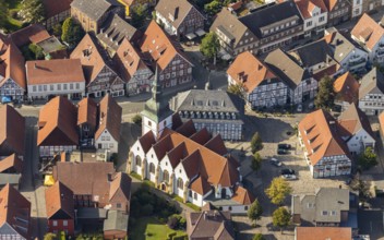 Aerial view, old town centre, Rietberg town hall, catholic parish church St. Johannes Baptist,