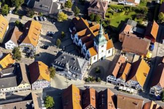 Aerial view, Rietberg town hall, catholic parish church St. Johannes Baptist, Rietberg, OWL,