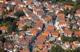 Aerial view, old town centre, Rietberg town hall, catholic parish church St. Johannes Baptist,