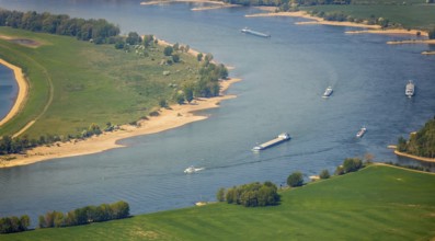 Aerial view, river Rhine, Rheinaue, Reeser Schanz landscape conservation area, shipping, cargo