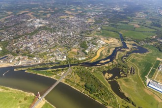 Aerial view, new mouth of the river Lippe near Wesel, Rhine, Rhine harbour, federal road connection