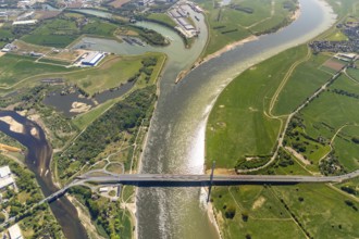 Aerial view, new mouth of the river Lippe near Wesel, Rhine, Rhine harbour, federal road connection