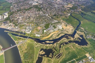 Aerial view, new mouth of the river Lippe near Wesel, Rhine, Rhine harbour, federal road connection