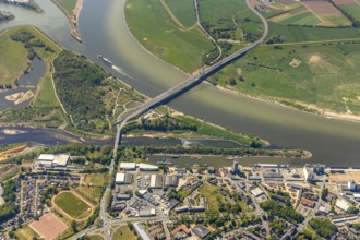 Aerial view, new mouth of the river Lippe near Wesel, Rhine, Rhine harbour, federal road connection