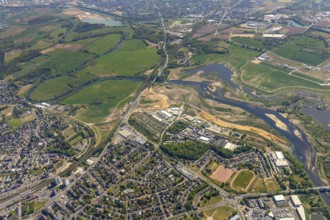 Aerial view, new mouth of the river Lippe near Wesel, Rhine, Rhine harbour, federal road connection