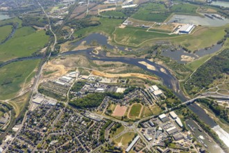 Aerial view, new mouth of the river Lippe near Wesel, Rhine, Rhine harbour, federal road connection