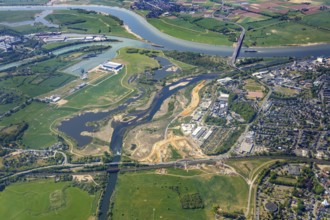 Aerial view, new mouth of the river Lippe near Wesel, Rhine, Rhine harbour, federal road connection