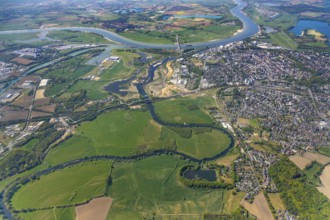 Aerial view, new mouth of the river Lippe near Wesel, Rhine, Rhine harbour, federal road connection