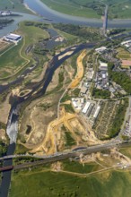 Aerial view, new mouth of the river Lippe near Wesel, Rhine, Rhine harbour, federal road connection