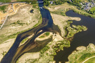 Aerial view, new mouth of the river Lippe near Wesel, Rhine, Rhine harbour, federal road connection