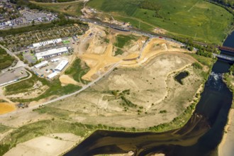 Aerial view, new mouth of the river Lippe near Wesel, Rhine, Rhine harbour, federal road connection