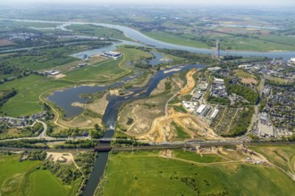 Aerial view, new mouth of the river Lippe near Wesel, Rhine, Rhine harbour, federal road connection