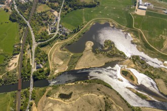 Aerial view, new mouth of the river Lippe near Wesel, Rhine, Rhine harbour, federal road connection