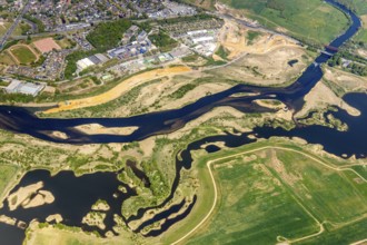 Aerial view, new mouth of the river Lippe near Wesel, Rhine, Rhine harbour, federal road connection