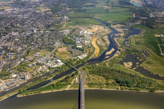 Aerial view, new mouth of the river Lippe near Wesel, Rhine, Rhine harbour, federal road connection
