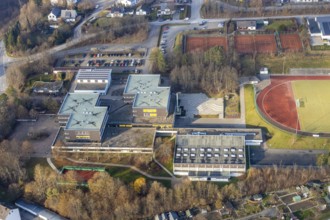 Aerial view, school centre Obringhauser Straße, municipal grammar school, sports field, Wormbach,