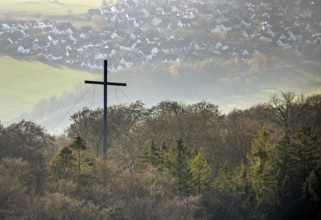Aerial view, summit cross at the Marienkapelle, Wilzenberg, view to Grafschaft, Schmallenberg,