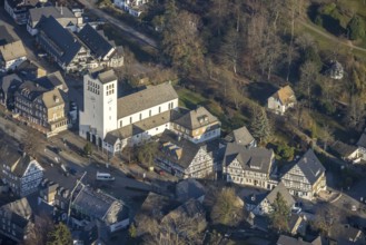 Aerial view, St George's Catholic Church, half-timbered houses, Fredeburg, Schmallenberg,