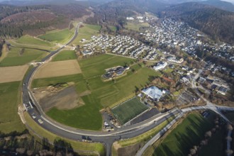 Aerial view, new construction of the bypass road L776n Bad Fredeburg, SauerlandBad, sports field,
