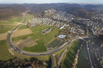 Aerial view, new construction of the bypass road L776n Bad Fredeburg, SauerlandBad, sports field,