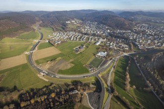 Aerial view, new construction of the bypass road L776n Bad Fredeburg, SauerlandBad, sports field,