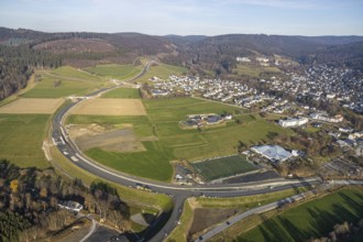 Aerial view, new construction of the bypass road L776n Bad Fredeburg, SauerlandBad, sports field,
