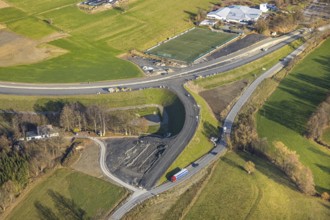 Aerial view, new construction of the bypass L776n Bad Fredeburg, SauerlandBad, sports field,