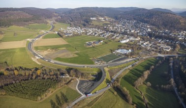 Aerial view, new construction of the bypass road L776n Bad Fredeburg, SauerlandBad, sports field,