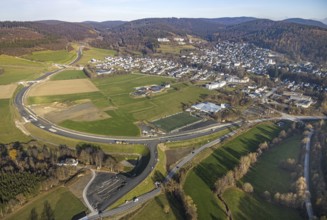 Aerial view, new construction of the bypass road L776n Bad Fredeburg, SauerlandBad, sports field,