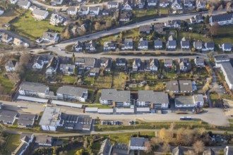 Aerial view, construction site, new residential quarter Am Alten Bahnhof, Schmallenberg, Sauerland,