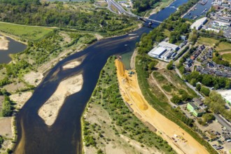 Aerial view, new mouth of the river Lippe near Wesel, Rhine, Rhine harbour, federal road connection