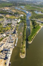 Aerial view, new mouth of the river Lippe near Wesel, Rhine, Rhine harbour, federal road connection