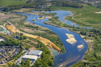 Aerial view, new mouth of the river Lippe near Wesel, Rhine, Rhine harbour, federal road connection