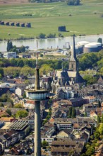 Aerial view, TV tower Wesel Langer Heinrich, protestant church Willibrordi-Dom, river Rhine,