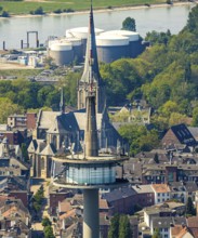 Aerial view, TV tower Wesel Langer Heinrich, protestant church Willibrordi-Dom, river Rhine,