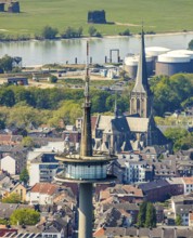 Aerial view, TV tower Wesel Langer Heinrich, protestant church Willibrordi-Dom, river Rhine,