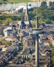 Aerial view, TV tower Wesel Langer Heinrich, protestant church Willibrordi-Dom, river Rhine,