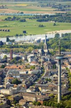 Aerial view, TV tower Wesel Langer Heinrich, protestant church Willibrordi-Dom, river Rhine,