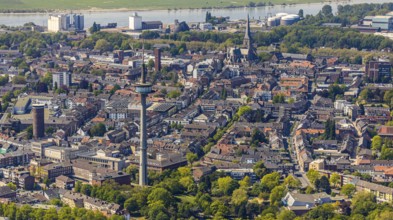 Aerial view, TV tower Wesel Langer Heinrich, protestant church Willibrordi-Dom, river Rhine, old
